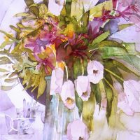 Mimosa & Pale Pink Tulips - Watercolour 48 x 38 cm Mimosa & Pale Pink Tulips