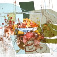 Pink Teapot & Fruit - Monoprint, Collage, Oil Pastel & Watercolour 30 x 40 cm Pink Teapot & Fruit