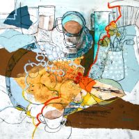 Quince & Blue China - Monoprint, Collage, Oil Pastel & Watercolour 30 x 40 cm Quince & Blue China