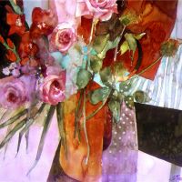 Red Flowers on a Black Table - Watercolour 48 x 53 cm Red Flowers on a Black Table