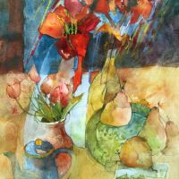 Those Red Amaryllis - Watercolour, Graphite Pencil & Oil Pastel - 38 x 30 cm - £950 - SOLD those-red-amaryllis