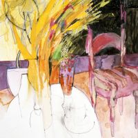 Yellow Flowers, Pink Chair - Mixed Media, 45 x 35 cm - £350 yellow-flowers-pink-chair